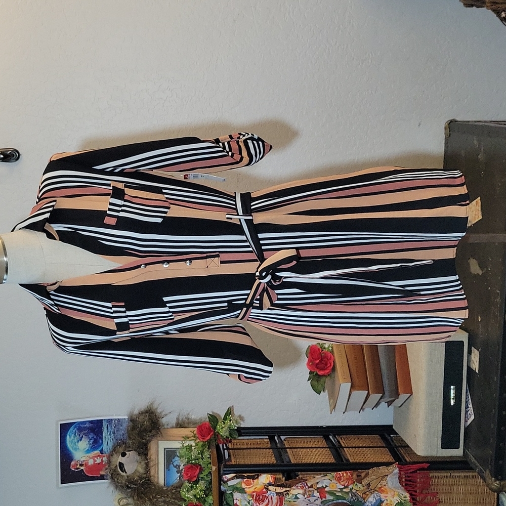 Striped Belted Shirt Dress Button Tab Roll Up Sleeves Small - Picture 3 of 11